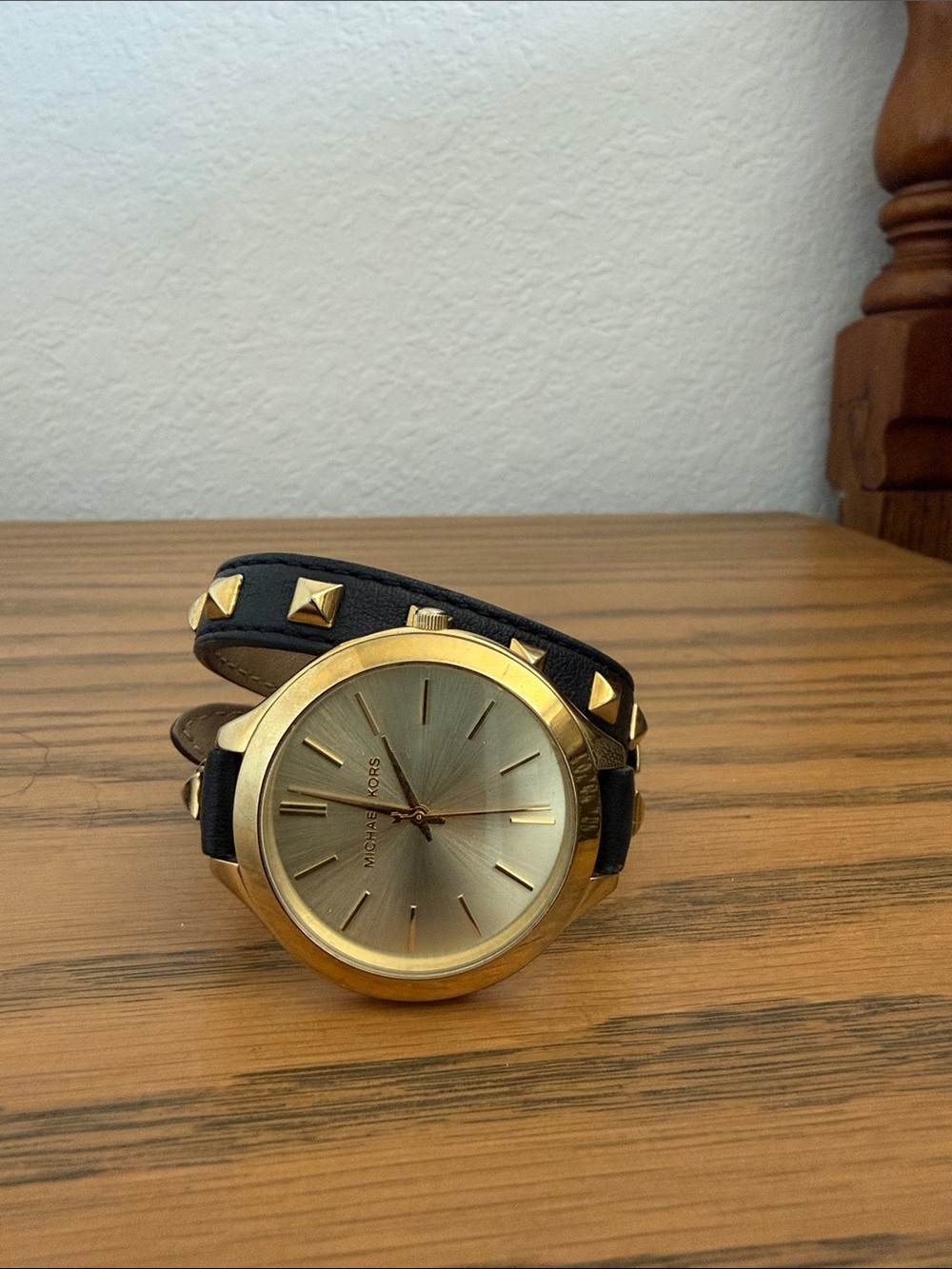 Michael Kors Gold-Tone Dial Watch with Black Studded Wrap Strap